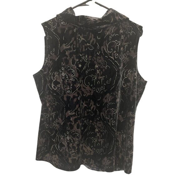 Womens Y2K Black Sleeveless Velvet Top With Floral Pattern & Cowl Neck L Retro W - Picture 2 of 5